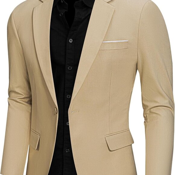 One Button Men's Linen Blazer - Slim Fit Khaki Sport Coat for All Occasions